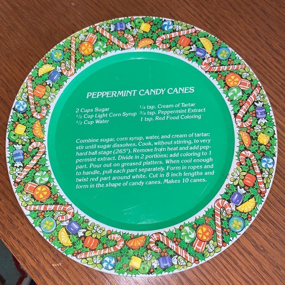 Vintage‎ tin decorative Christmas plate with peppermint candy cane recipe